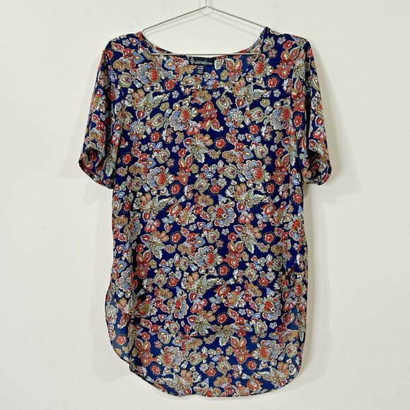 SIGNATURE STUDIO Floral Blouse L Navy Hi-Low Tunic Round Neck Flowy Short Sleeve - Picture 1 of 7